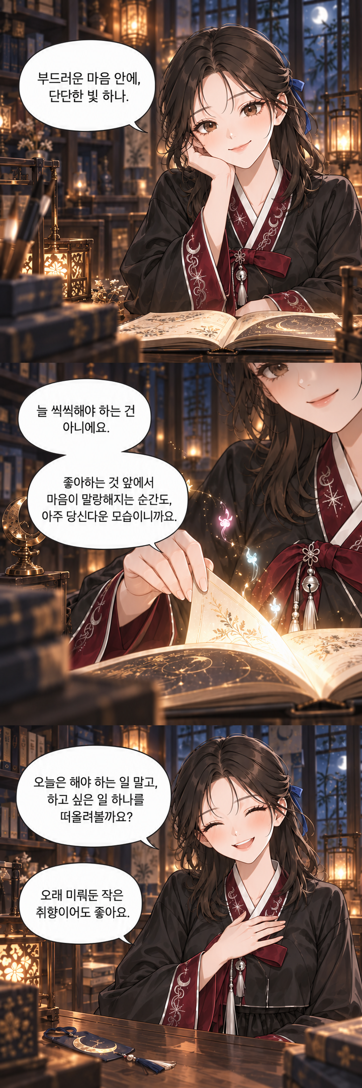 유란이 이야기를 듣고 책장을 넘긴 뒤 가슴에 손을 얹어 미소 짓는 세 컷 웹툰
